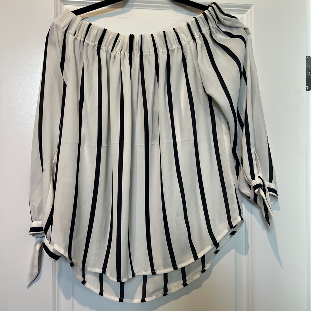 Express Black & White Vertical Stripe Off-Shoulder Blouse